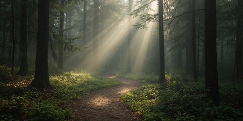 Fototapeta premium Misty morning in a dense forest, seasonal change and high humidity conditions