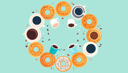 A circular arrangement of coffee cups, donuts, and scattered coffee beans on a light blue background, creating a breakfast or coffee break theme.