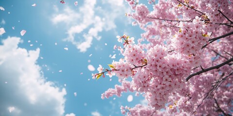 Full bloom cherry blossoms against a clear blue sky in a sakura garden, seasonal change