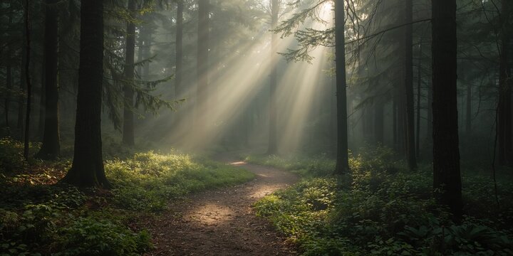 Misty morning in a dense forest, seasonal change and high humidity conditions