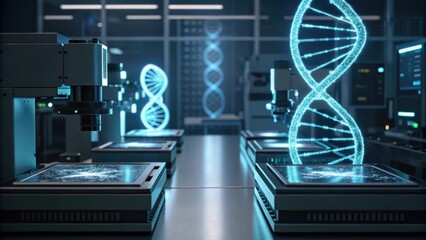 A high-tech laboratory setting featuring advanced equipment and glowing DNA strands, showcasing innovation in genetic research and biotechnology.