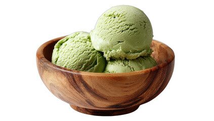 Creamy green scoops of ice cream in a rustic wooden bowl