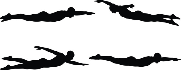 Black Silhouette Vector Set of Four Swimmers in Different Swimming Styles, Illustrating Sports, Fitness, Healthy Lifestyle, Exercise, Competition, and Movement Illustration
