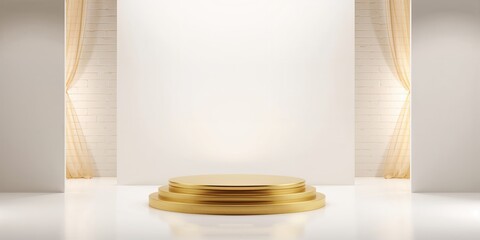 Gold product display stand used in advertising setups with blank backdrops, visual presentation and lighting techniques