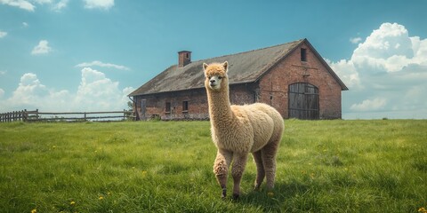 Obraz premium Alpaca lying on lush grass with a brick barn behind it, ideal for rural landscape layouts
