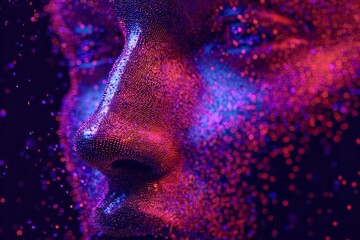 A luminous abstract face composed of glowing particles illuminates the darkness.