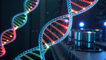A colorful, illuminated DNA double helix model against a dark background, symbolizing genetics and biotechnology.