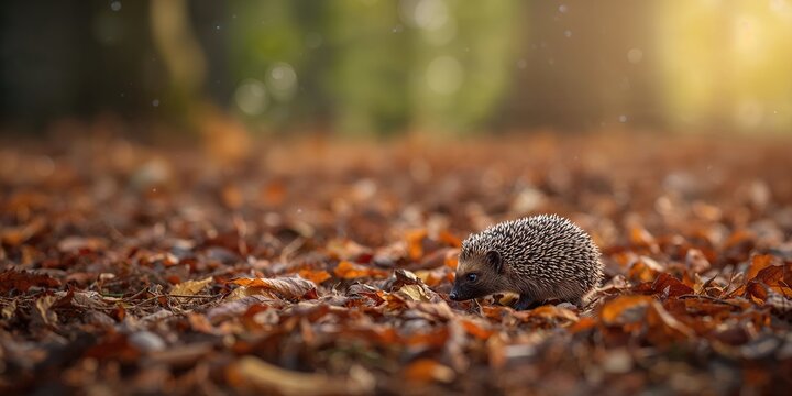 African pygmy hedgehog exploring leaf litter, natural foraging behavior, Earth Day
