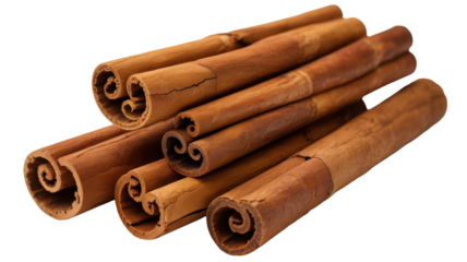A close-up view of multiple dried cinnamon sticks piled together against a dark background isolated on transparent background