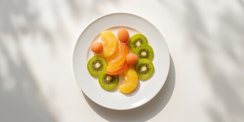 Detailed view of fresh fruit slices on a white plate, emphasizing natural textures for nutritional education
