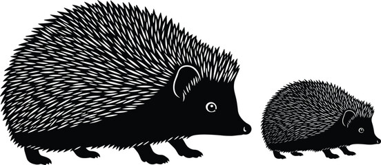 Black Silhouette Vector of Two Hedgehogs, Including an Adult and a Juvenile, Illustrating Wildlife, Spiky Fur, Size Contrast, Mammals, and Nature Animals Illustration