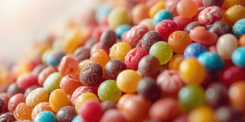 Colorful candies arranged closely to serve as a lively background for layouts and visual design, focusing on textures and colors