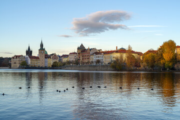 From the Vltava River, a view of Old Town in Prague