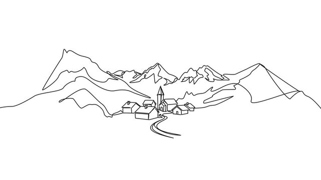 animated continuous line drawing of small mountain village, line art animation