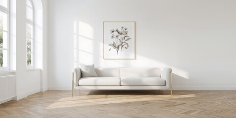 Minimalist Scandinavian decor with white furniture and natural light, serving as a clean background for interior design projects