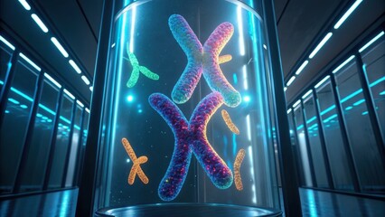 Vibrant digital representation of chromosomes in a futuristic lab setting, showcasing genetic research and scientific innovation.