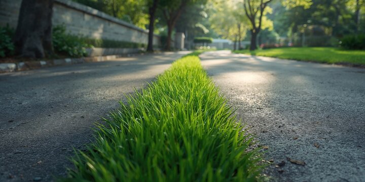 Lush green grass bordering a concrete pathway in a public park environment for urban planning