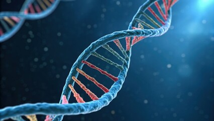 A detailed, vibrant digital rendering of a DNA helix, showcasing its intricate structure against a dark blue background.
