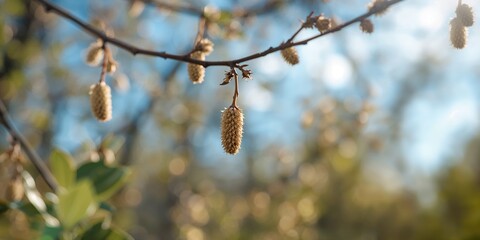 Close-up of alder catkins during spring on a branch, highlighting early flowering