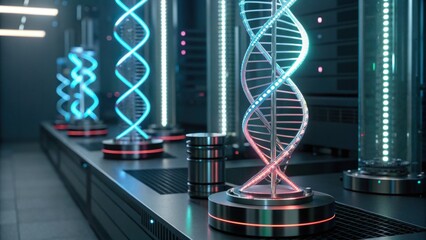 A futuristic lab scene featuring illuminated DNA strands within glass tubes, showcasing advanced genetic research technology.