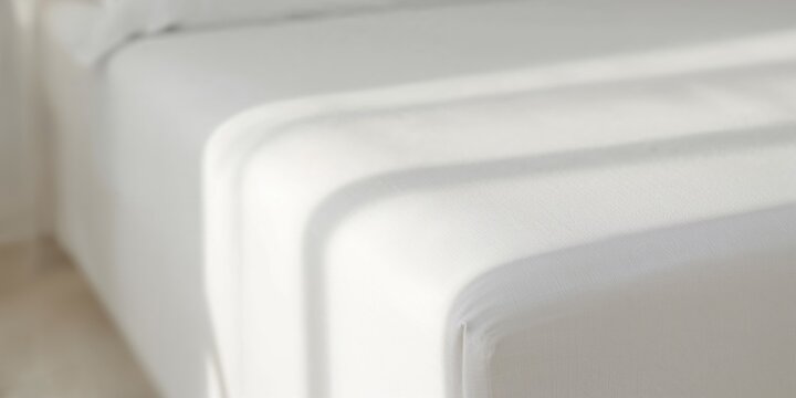 White fitted sheet with elastic band on a bed corner, used as a UI backdrop