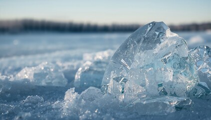 Frozen lake surface with cracking ice in a vertical scene, illustrating winter weather patterns