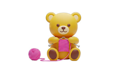 Cute Yellow 3D Rendered Teddy Bear Knitting a Pink Scarf with a Ball of Yarn Beside It Against a Transparent Background