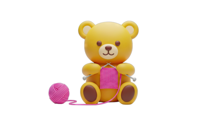 Cute Yellow 3D Rendered Teddy Bear Knitting a Pink Scarf with a Ball of Yarn Beside It Against a Transparent Background