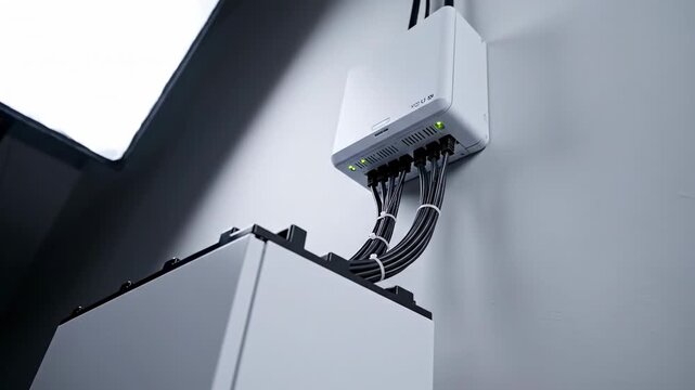 A wallmounted white electrical box with several cables, connected, to a large white cabinet on wall