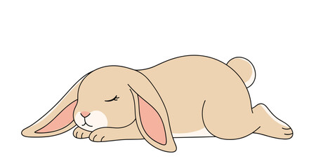 A cute and peaceful brown lop-eared bunny rabbit sleeping and dreaming on an isolated clean white background in a simple style.