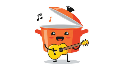 A cute orange cooking pot character with its lid open is happily playing a guitar and singing with musical notes floating around.