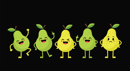 Set of five cute pear fruit characters showing various emotions from happy and winking to sad against a solid black background.