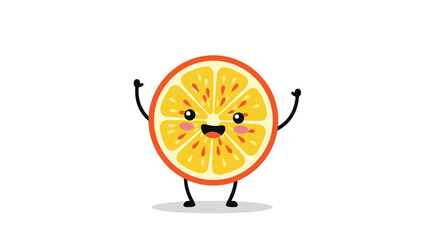 A very happy and cute slice of orange character with rosy cheeks is standing with its arms raised in joyful celebration.