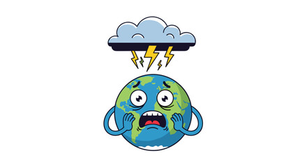 Terrified cartoon planet Earth character with a scared expression under a stormy cloud with lightning bolts symbolizing climate fear.