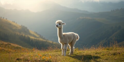 Naklejka premium Baby alpaca grazing in alpine meadow, fiber quality for textile production