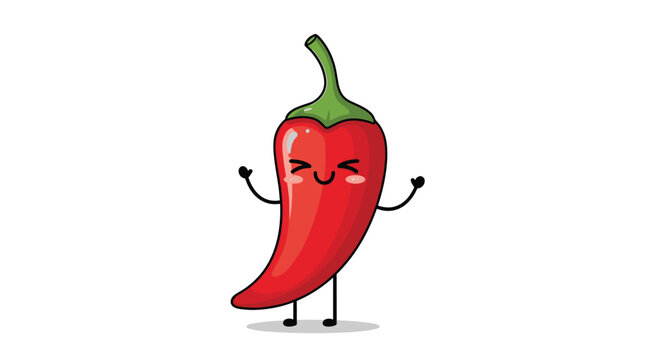Adorable red chili pepper character with a cute smiling face and blushing cheeks stands happily with its arms raised in the air.