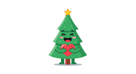 Adorable Christmas tree character with a star on top and a happy face hugging a large red heart showing holiday love and joy.