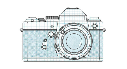 Detailed technical blueprint drawing of a vintage SLR film camera with grid lines and a halftone pattern on a clean background.