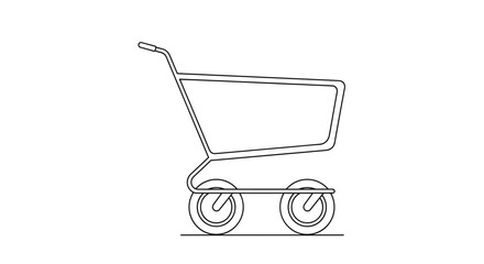 Minimalist continuous line animation of a shopping cart or trolley appearing representing e-commerce retail and consumerism concepts.