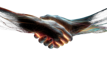 Two luminous hands clasped in a handshake, streams of light flowing