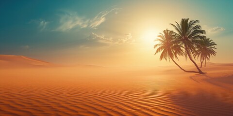 Lush palm trees line the shoreline of a lake within a desert landscape, ideal for editorial header backgrounds