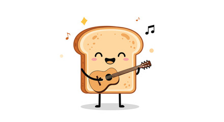 Cute slice of toast bread character happily playing a ukulele and singing with musical notes floating around on a white background.