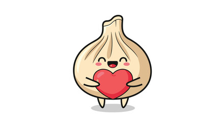 Adorable cartoon garlic character with a happy face and blushing cheeks hugging a large red heart representing a love for cooking.