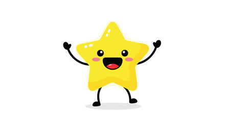 Adorable and shiny yellow star character with a big happy smile and rosy cheeks jumping for joy with its arms raised in the air.