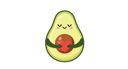 Adorable avocado character with a peaceful expression hugging its seed which is shaped like a red heart representing self-love and health.