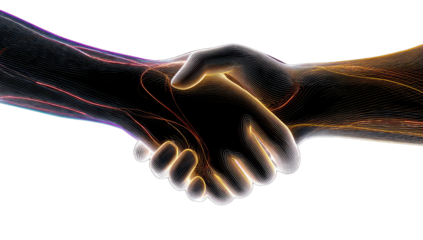 Two illuminated, glowing, ethereal hands clasping in a digital handshake