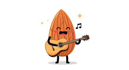 Cute almond nut character with a happy expression playing an acoustic guitar and singing along with a musical note floating nearby.
