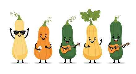 Fun group of butternut squash and zucchini characters in a band with some playing guitar while others are eating and looking cool.