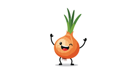 Cheerful brown onion character with green sprouts winking and smiling with its arms raised in a happy and friendly gesture.