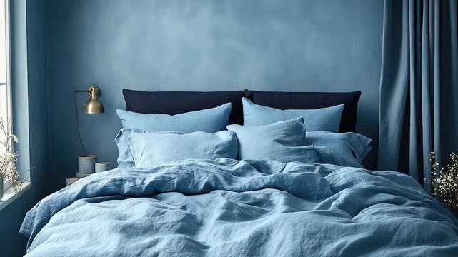 Video A cozy bedroom scene featuring a blue comforter and pillows on a bed